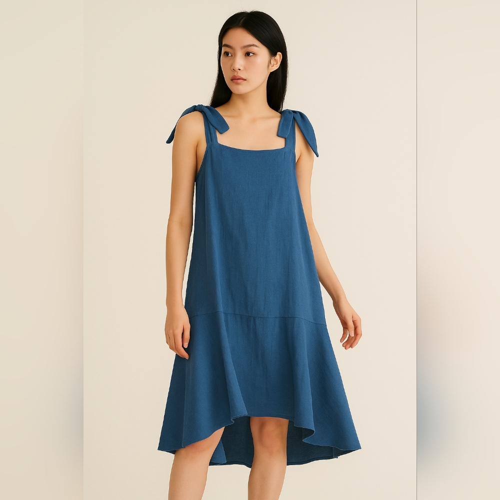 8seconds Boho Minimalist Linen Blend Swing Dress Tie-Back Natural Fiber Size M